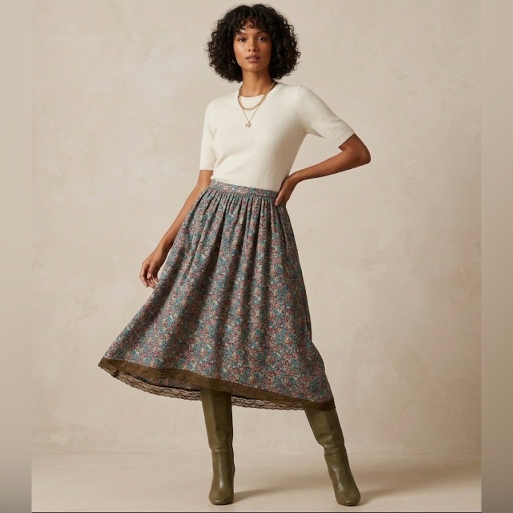 Aunt Abigail’s Attic Vin Floral Midi Skirt with Olive Lace Hem - Women's Skirt